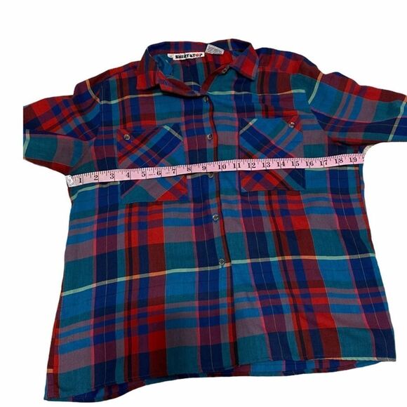 Vintage 80s Shirt Button Down Shirt Stop Plaid Chest Pockets Long Sleeve Blue 12 - Picture 6 of 13